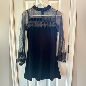 Girls black velvet dress with lace